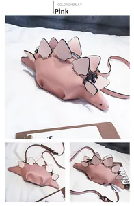 Detail view of pink dinosaur-shaped PU leather crossbody bag with zipper and scales