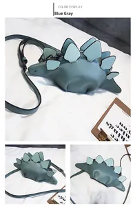 Detail view of the blue-grey dinosaur stegosaurus crossbody bag in matte PU leather