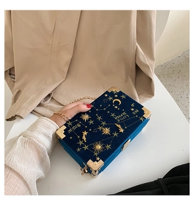 Détail du sac boîte en velours bleu avec broderie d'étoiles dorées et coins métalliques