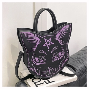 Gothic cat-shaped handbag featuring purple pentagram print and black leather texture