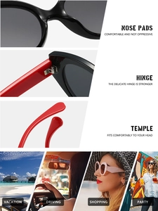 Detail of ergonomic nose pads, reinforced metal hinges, and sleek cat-eye sunglass arms