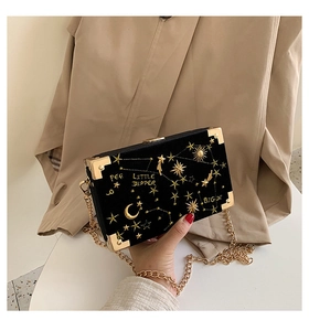 Détail du sac boîte en velours noir avec broderie céleste et chaîne en métal doré