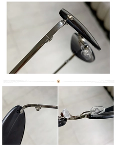 Détail des charnières en métal argenté et plaquettes en silicone sur lunettes sans bord
