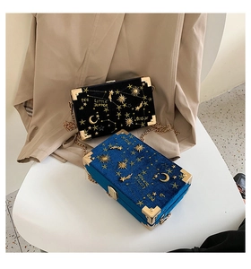 Détail de sacs boîtes en velours brodés avec coins métalliques dorés et bandoulière