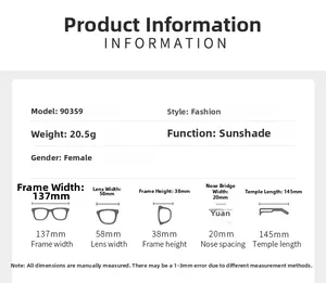 Tableau des tailles détaillé pour lunettes de soleil sans monture avec les dimensions