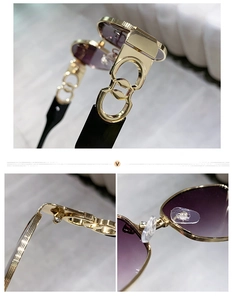 Detailed side view of golden metal sunglasses frame with hollow temple and hinge design