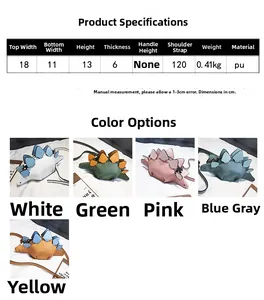 Size chart showing dinosaur PU crossbody bag dimensions and five available color variants