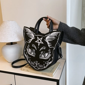 Cat Head Shape Shoulder Bag PU Leather Gothic Pentagram Print Crossbody Handbag For Women Punk Dark Style Fashion