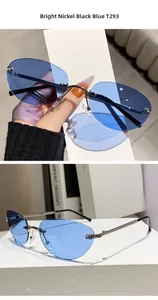 Détail de lunettes de soleil bleues sans monture avec branches en métal nickelé