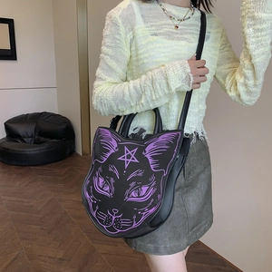 Gothic punk black leather cat face shaped handbag with purple star print for women