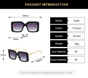Detailed size specifications for square retro sunglasses featuring dimensions and parameters