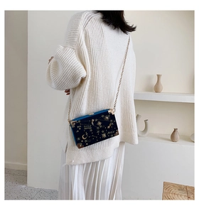 Détail du sac boîte en velours bleu foncé avec broderies d'étoiles dorées et coins en métal