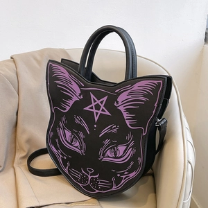Gothic black cat shaped crossbody handbag with purple star feline print and round handles