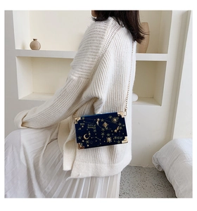 Détail du sac en velours bleu marine avec broderie céleste dorée et bandoulière chaîne