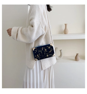 Détail du sac en velours bleu avec broderie d'étoiles dorées et coins métalliques