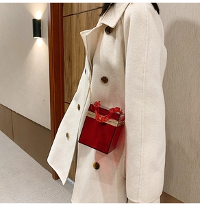 Dettaglio borsa a scatola in acrilico rosso trasparente con cornice oro e catena corta