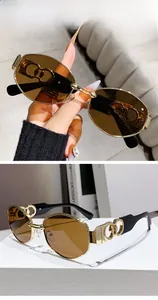 Detailed close-up of retro oval sunglasses with hollow gold metal temples and brown lenses