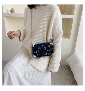 Détail du sac boîte en velours bleu foncé avec broderie d'étoiles dorées et chaîne