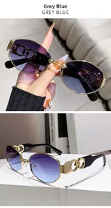 Detail of grey-blue gradient sunglasses with hollow gold metal temples and logo link