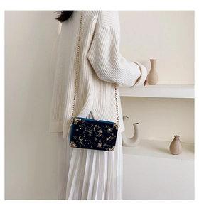 Détail du sac boîte en velours bleu avec broderie d'étoiles et coins en métal doré