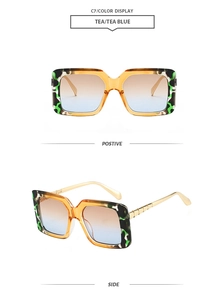 Dual view of oversized square sunglasses with tortoiseshell frames and tea blue gradient lenses