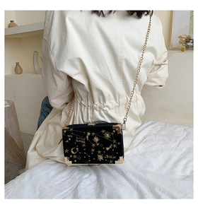 Détail du sac boîte en velours noir avec broderies d'étoiles et coins métalliques