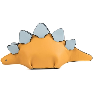 Vibrant yellow dinosaur-shaped mini crossbody bag with blue contrast accents