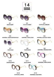 Grid display of oval lace sunglasses in 14 colors with gold metal temples and chic design