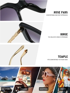Infographic showing gradient square sunglasses details and four lifestyle usage scenarios