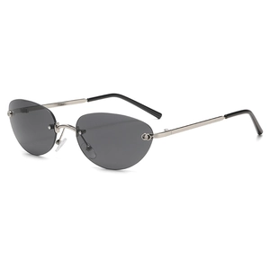 Lunettes de soleil œil de chat sans monture avec verres gris et branches en métal argenté