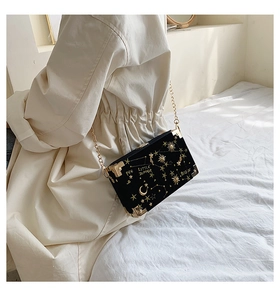 Détail du sac boîte en velours noir avec broderie d'étoiles dorées et de la lune