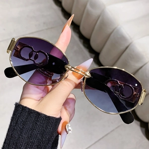 Trendy polygon punk sunglasses with gold metal frame and purple gradient lenses