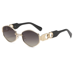 Fashionable punk polygon sunglasses with gold metal frame and gradient brown lenses