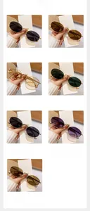 Detailed grid of oval metal sunglasses showing various lens colors and metallic frames
