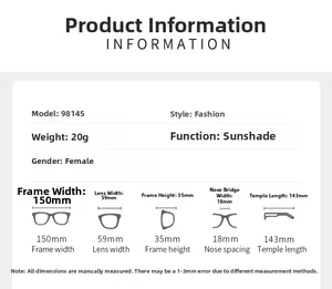 Size chart showing lens width, frame height, and temple length for metal sunglasses