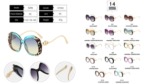 Detailed specs and 14 color options for oval oversized sunglasses with heart metal temples