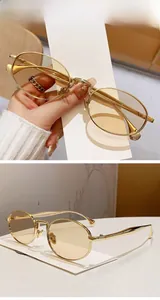 Detail of B830 oval sunglasses with bright golden metal frames and transparent brown lenses