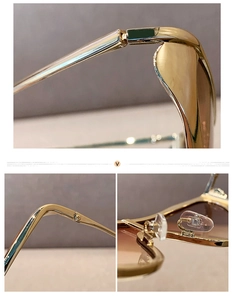 Détail de lunettes de soleil en métal doré avec charnières de précision et plaquettes de nez