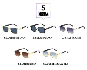 Detailed grid of retro square sunglasses in five metallic frame and gradient lens colors