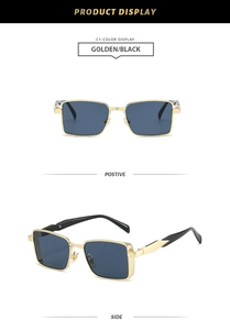 Close-up of golden and black square metal sunglasses with detailed hinges and geometric temples