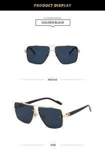 Details einer Pilotensonnenbrille mit goldenem Doppelsteg und gestreiften Bügelscharnieren