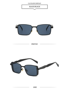 Detailed views of square black sunglasses with metal frames and golden nose pads