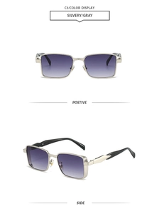 Detail view of silver square metal sunglasses with purple-gray gradient lenses and side arms
