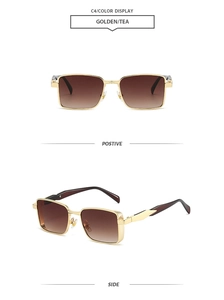 Detail view of gold square metal sunglasses with tea gradient lenses and geometric arms