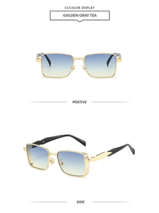 Detail of square gold metal sunglasses with blue-yellow gradient lenses and two-tone temples