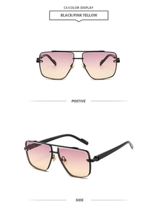 Details einer Pilotenbrille mit schwarzem Metallrahmen und pink-gelben Verlaufsgläsern
