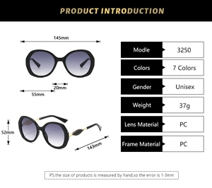 Detailed size specifications and material chart for stylish oversized frame sunglasses