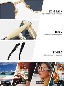 Detail view of gold nose pads and hinges on square sunglasses for outdoor driving