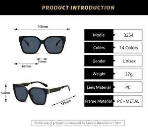 Detailed size specifications for square black and gold unisex sunglasses with dimensions