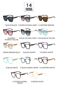 Grid view showing 14 color options for oversized square sunglasses with metal temple accents
